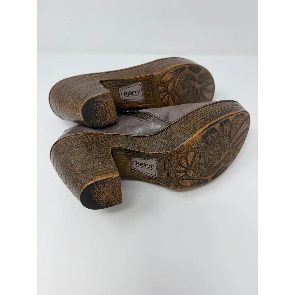 Born W82527 Leather Ankle Booties Brown Platform Block Heel Shooties Womens 8